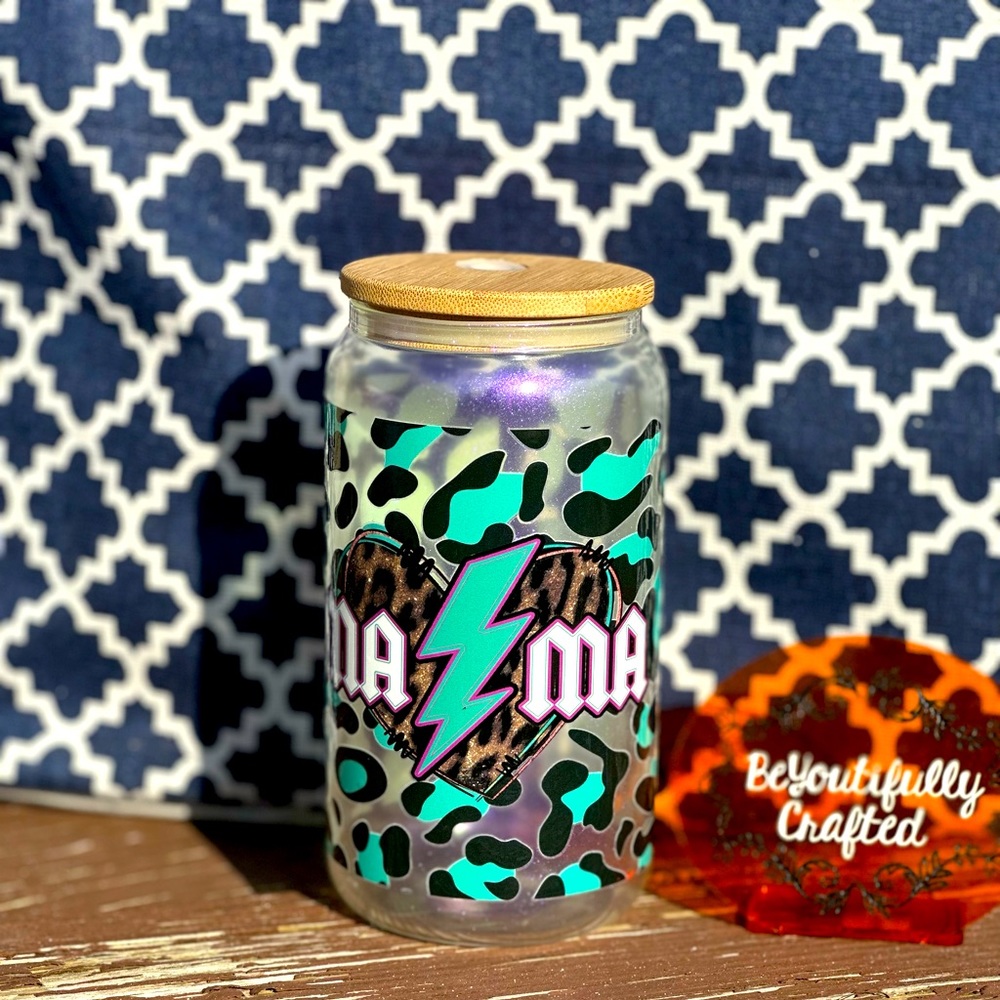 16oz Shimmer Glass Can Tumbler - Teal MAMA leopard print